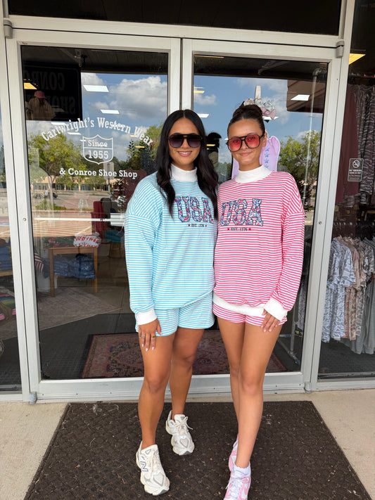 USA Mockneck Stripe Set-Pink & Blue