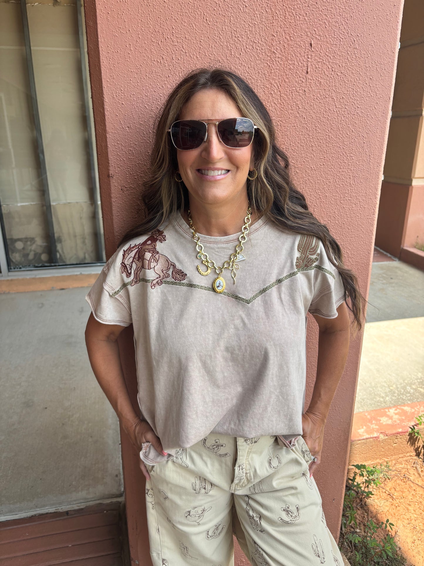 Tan Embroidered Bronc & Cactus Tee