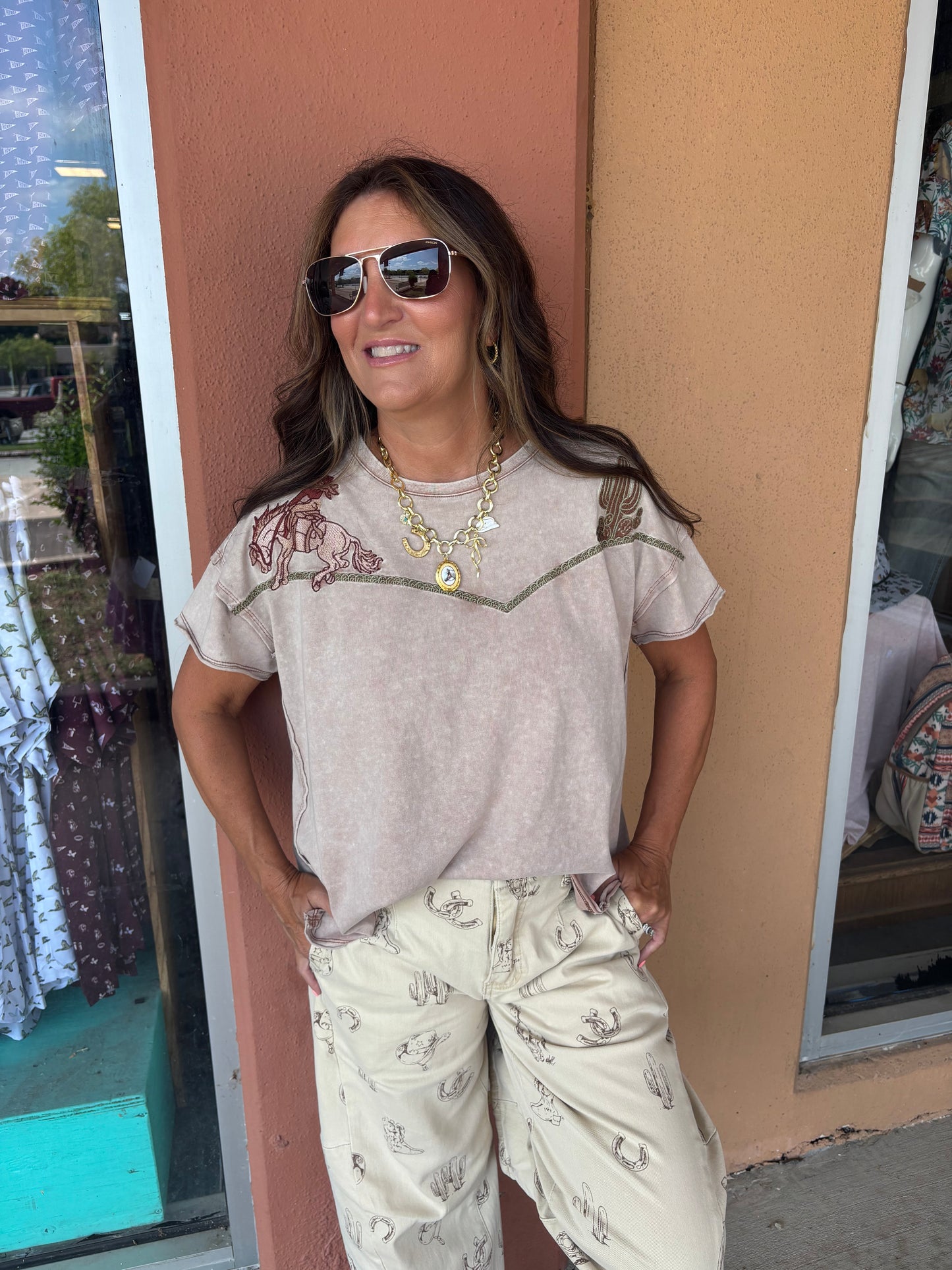 Tan Embroidered Bronc & Cactus Tee