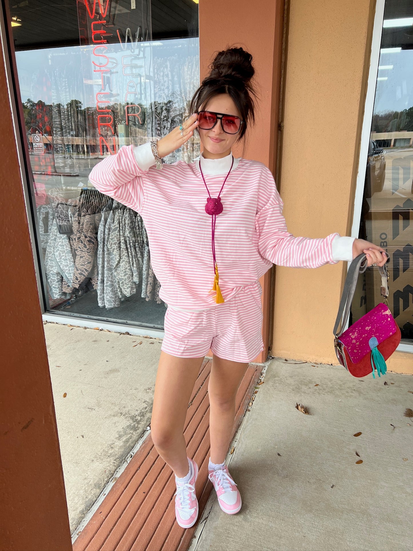 Pink Stripe Mockneck Short Set