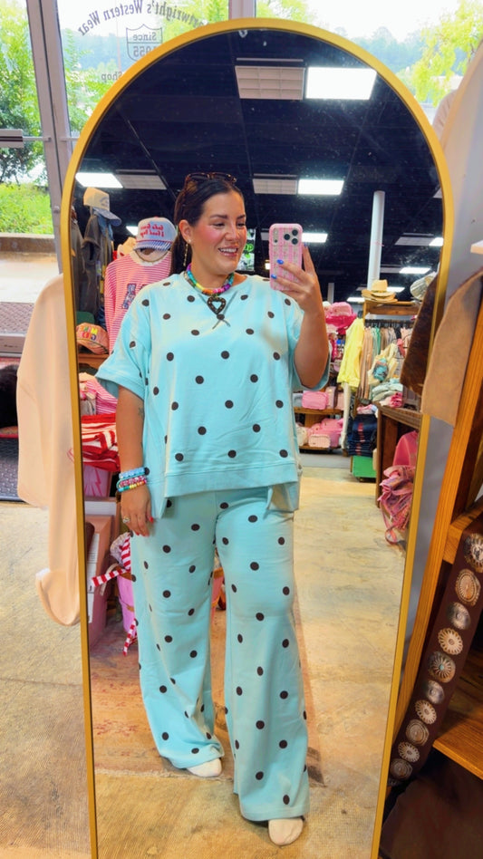 Blue & Brown Short Sleeve Polkadot Pant Set