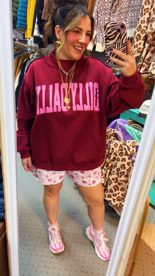 Dilly Dally Mockneck-Maroon/Pink