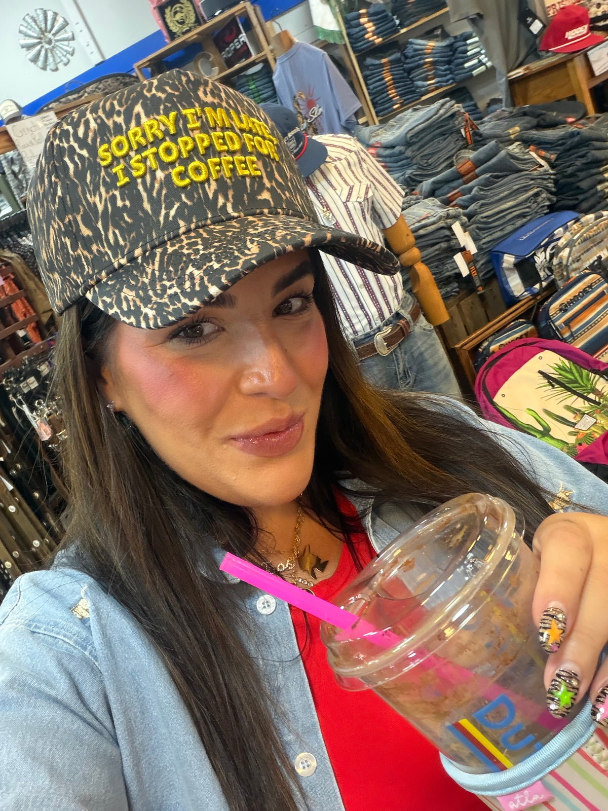 Sorry I’m Late Leopard Trucker Hat