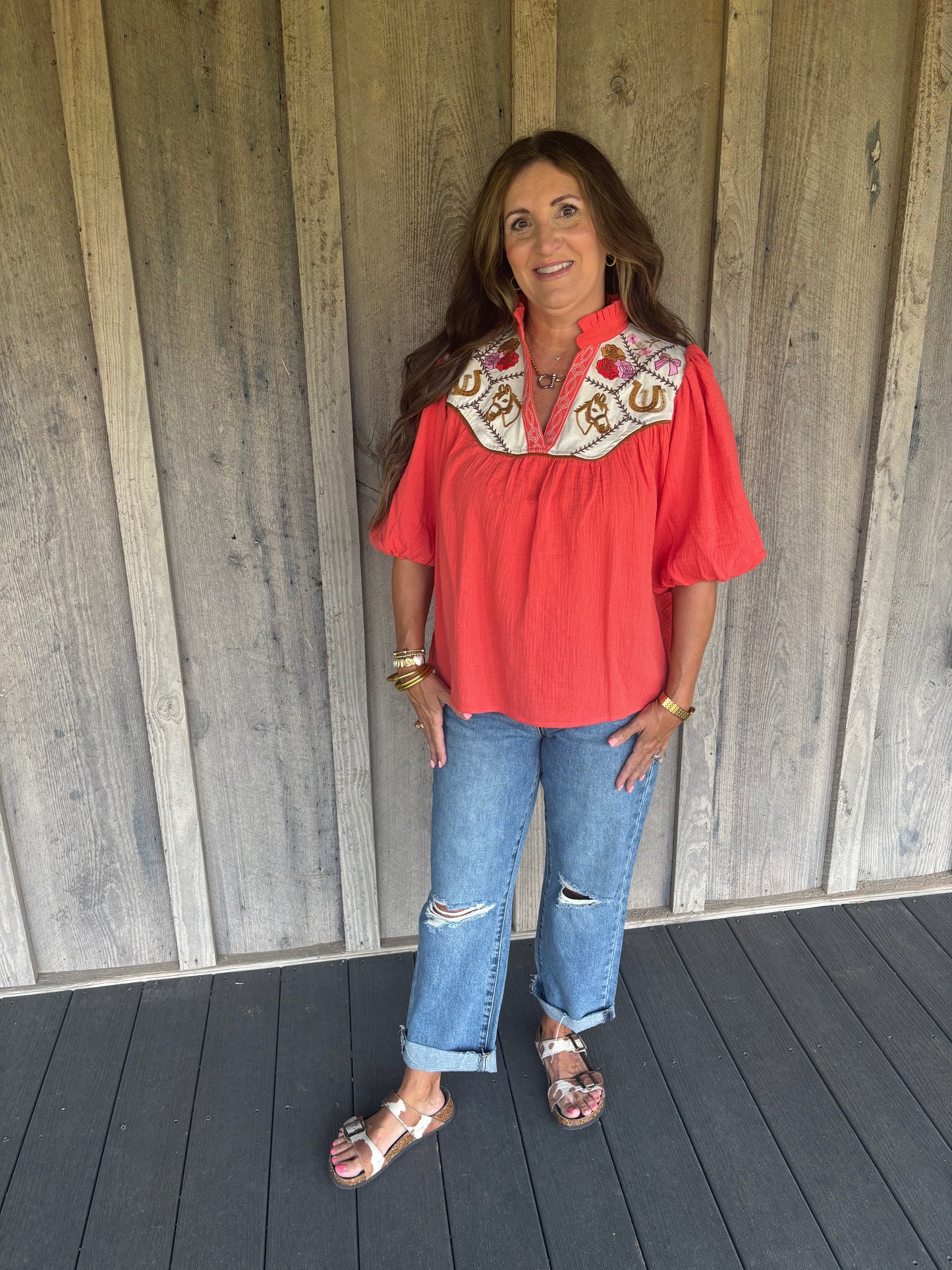 Embroidered Western Orange Top