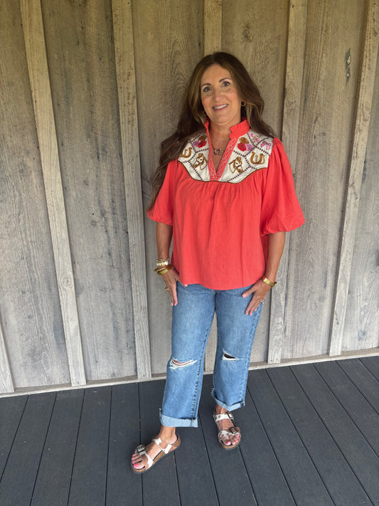 Embroidered Western Orange Top