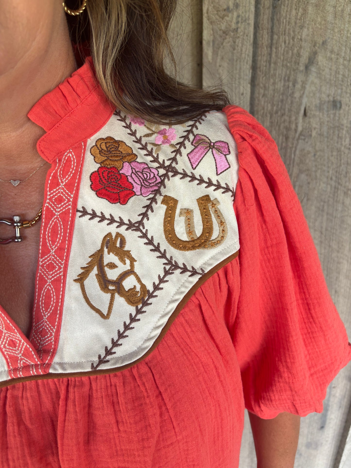 Embroidered Western Orange Top