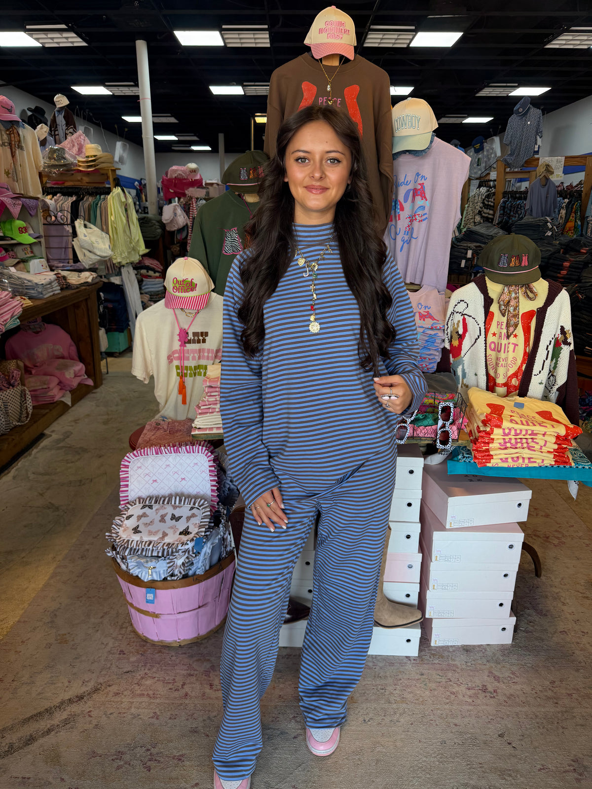 Brown + Blue Stripe Mockneck Pant Set💙🤎