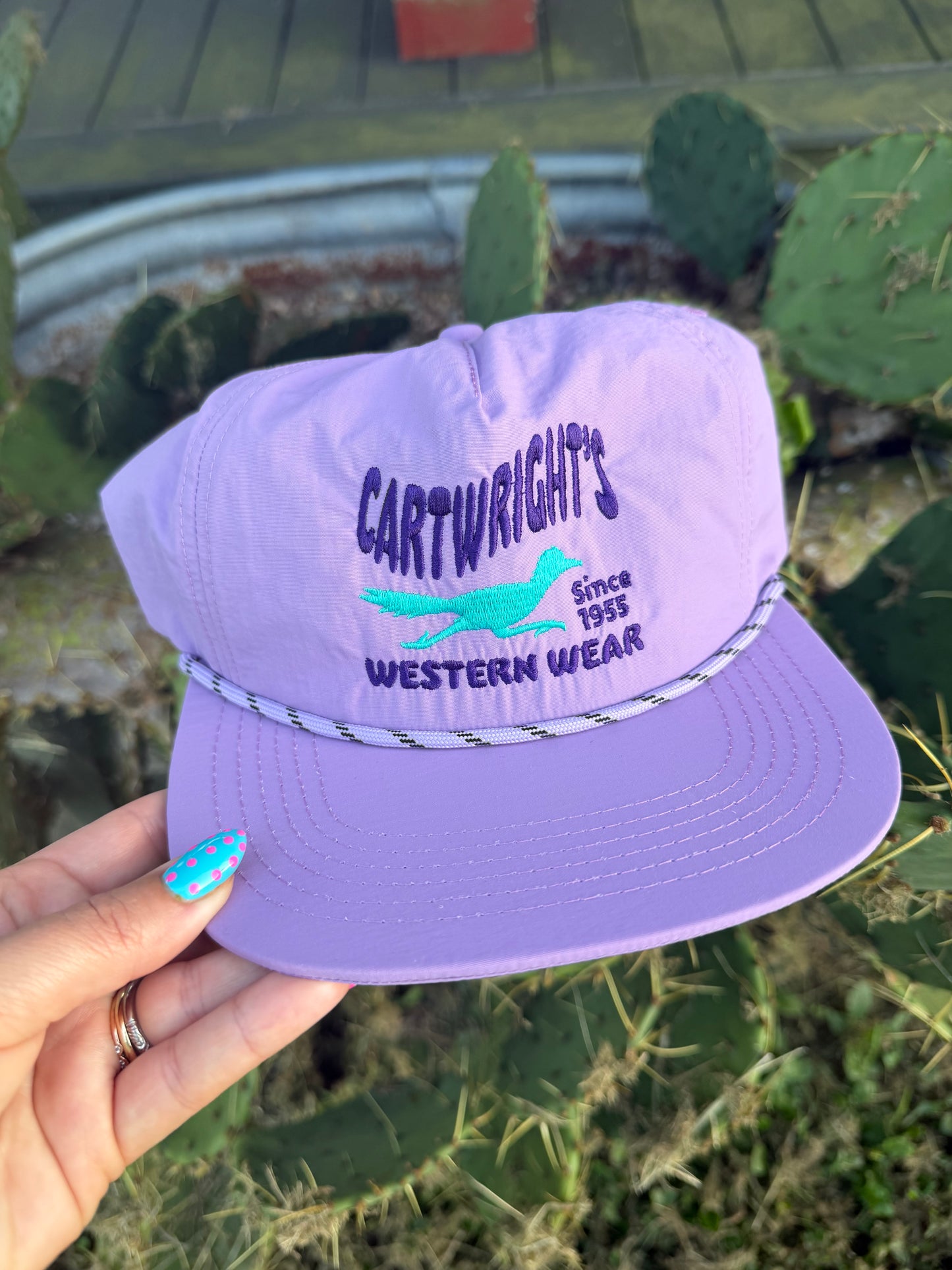 Cartwright’s roadrunner purple + turquoise rope hat