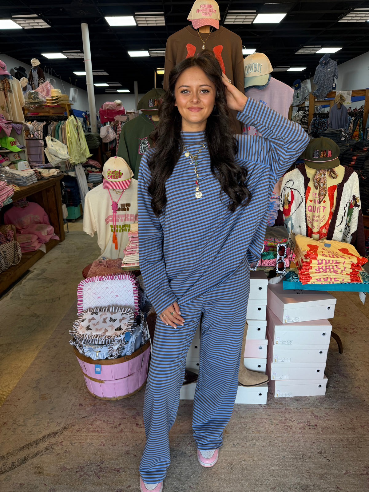 Brown + Blue Stripe Mockneck Pant Set💙🤎
