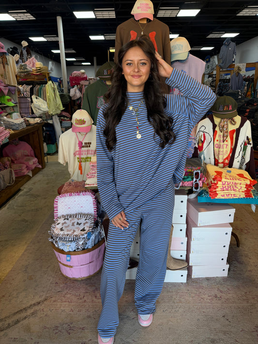 Brown + Blue Stripe Mockneck Pant Set💙🤎
