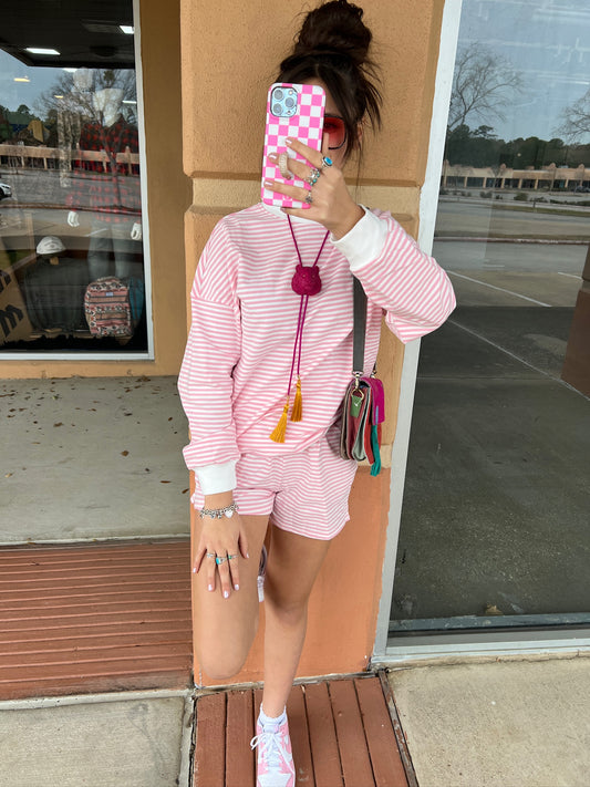 Pink Stripe Mockneck Short Set