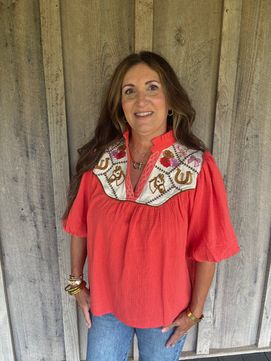 Embroidered Western Orange Top