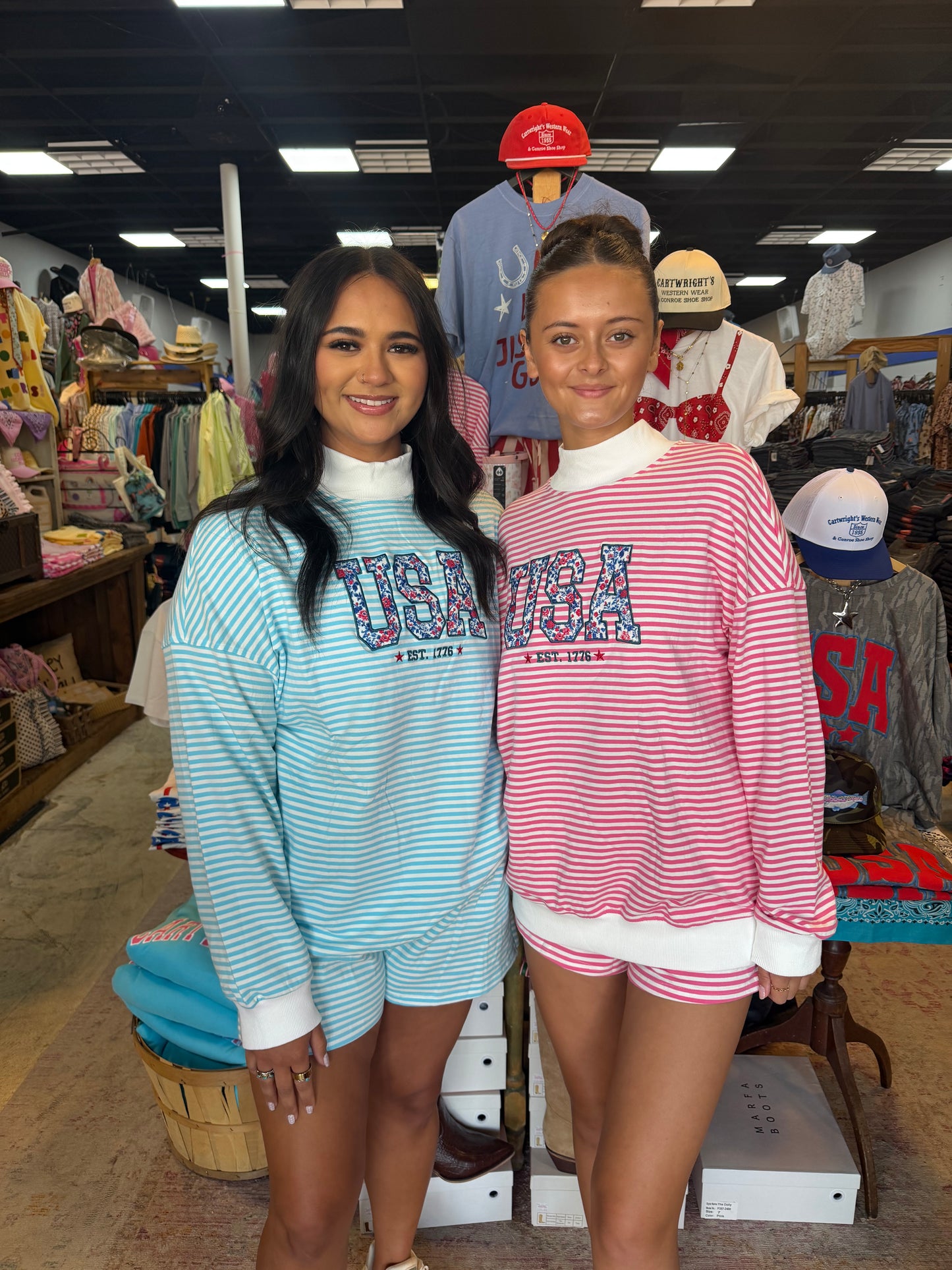 USA Mockneck Stripe Set-Pink & Blue