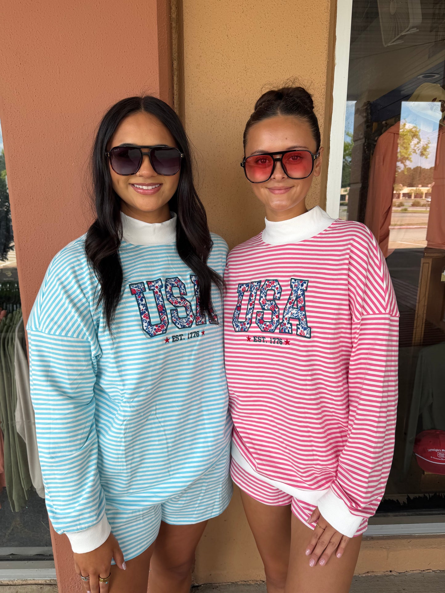 USA Mockneck Stripe Set-Pink & Blue
