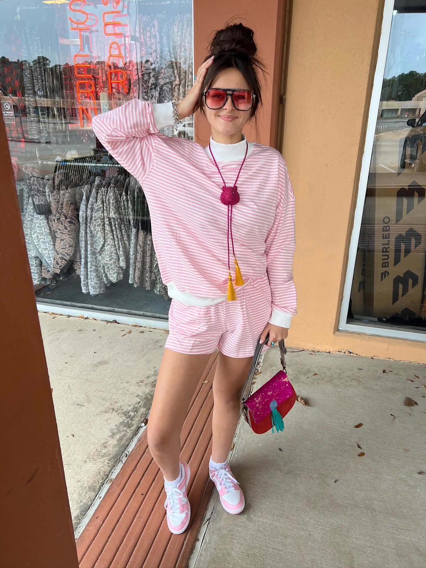Pink Stripe Mockneck Short Set