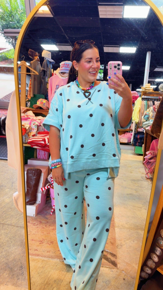 Blue & Brown Short Sleeve Polkadot Pant Set