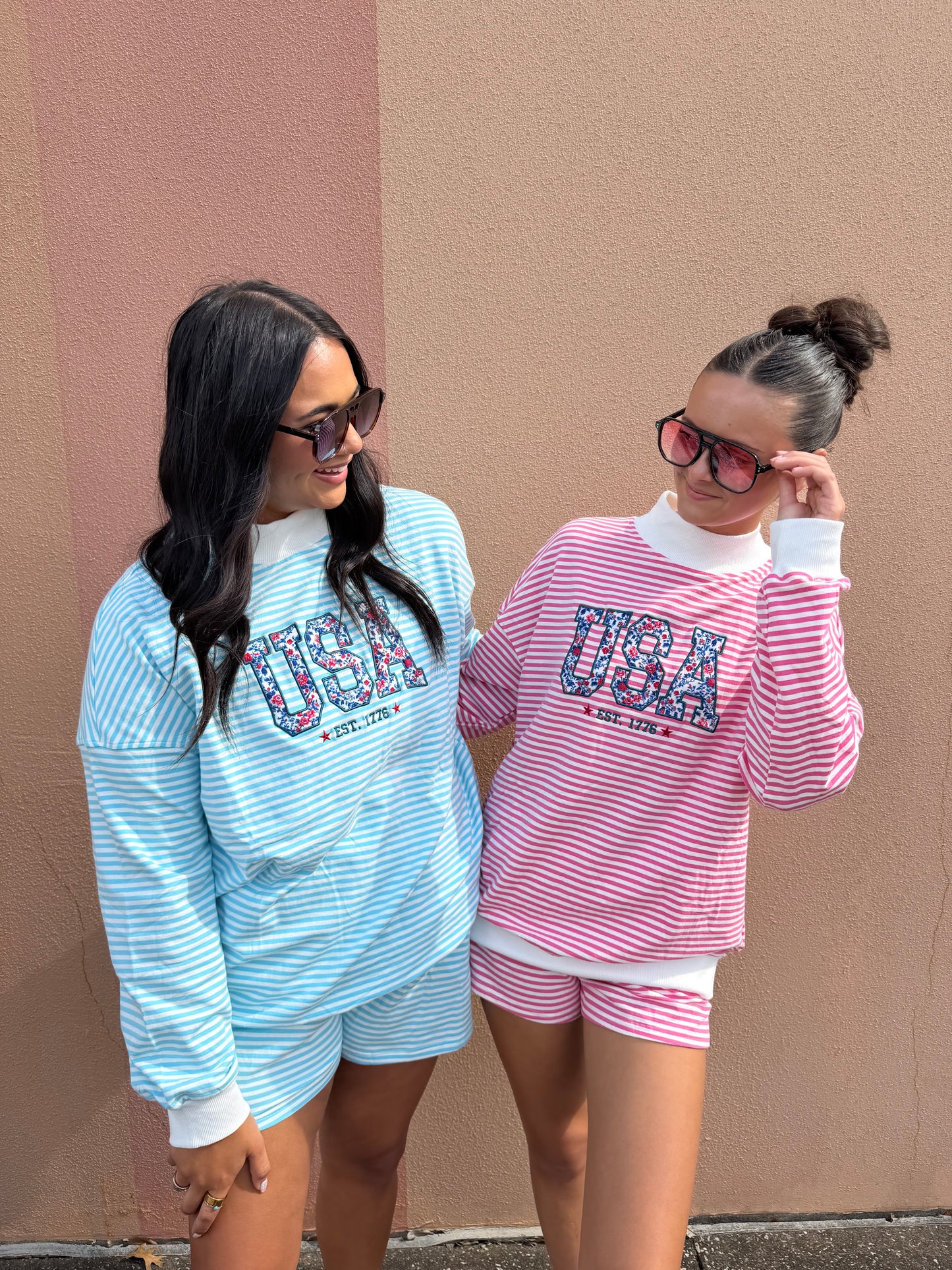 USA Mockneck Stripe Set-Pink & Blue