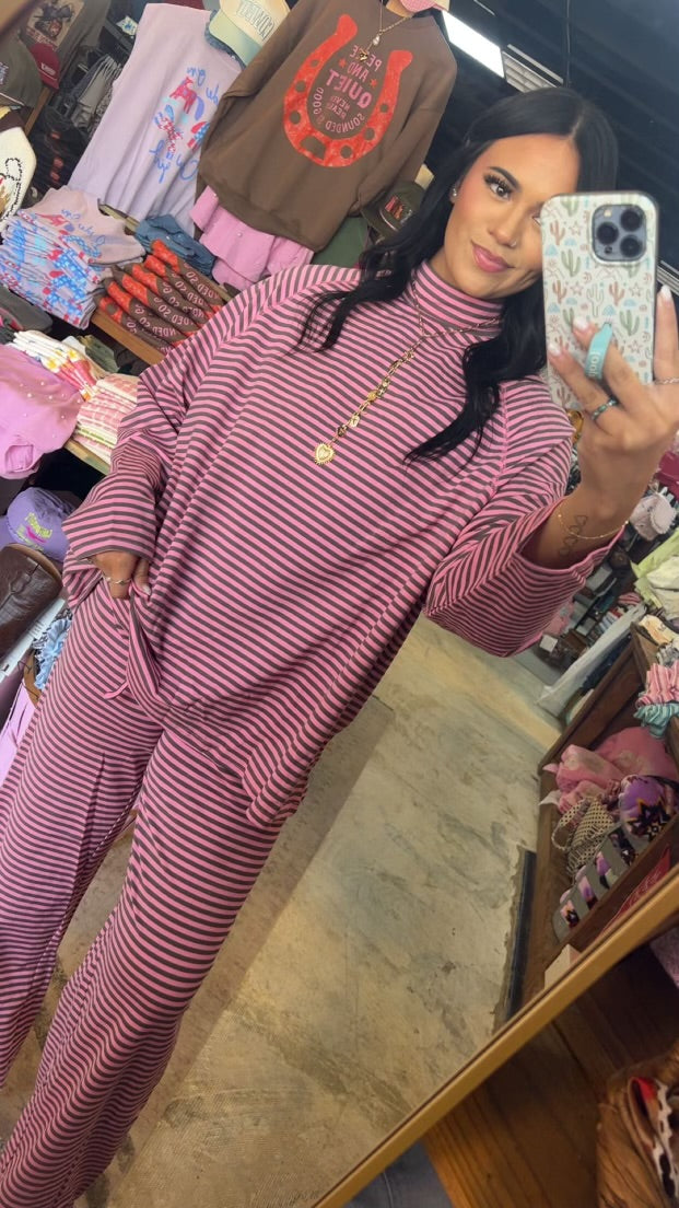 Pink + Brown Stripe Mockneck Pant Set🩷🤎