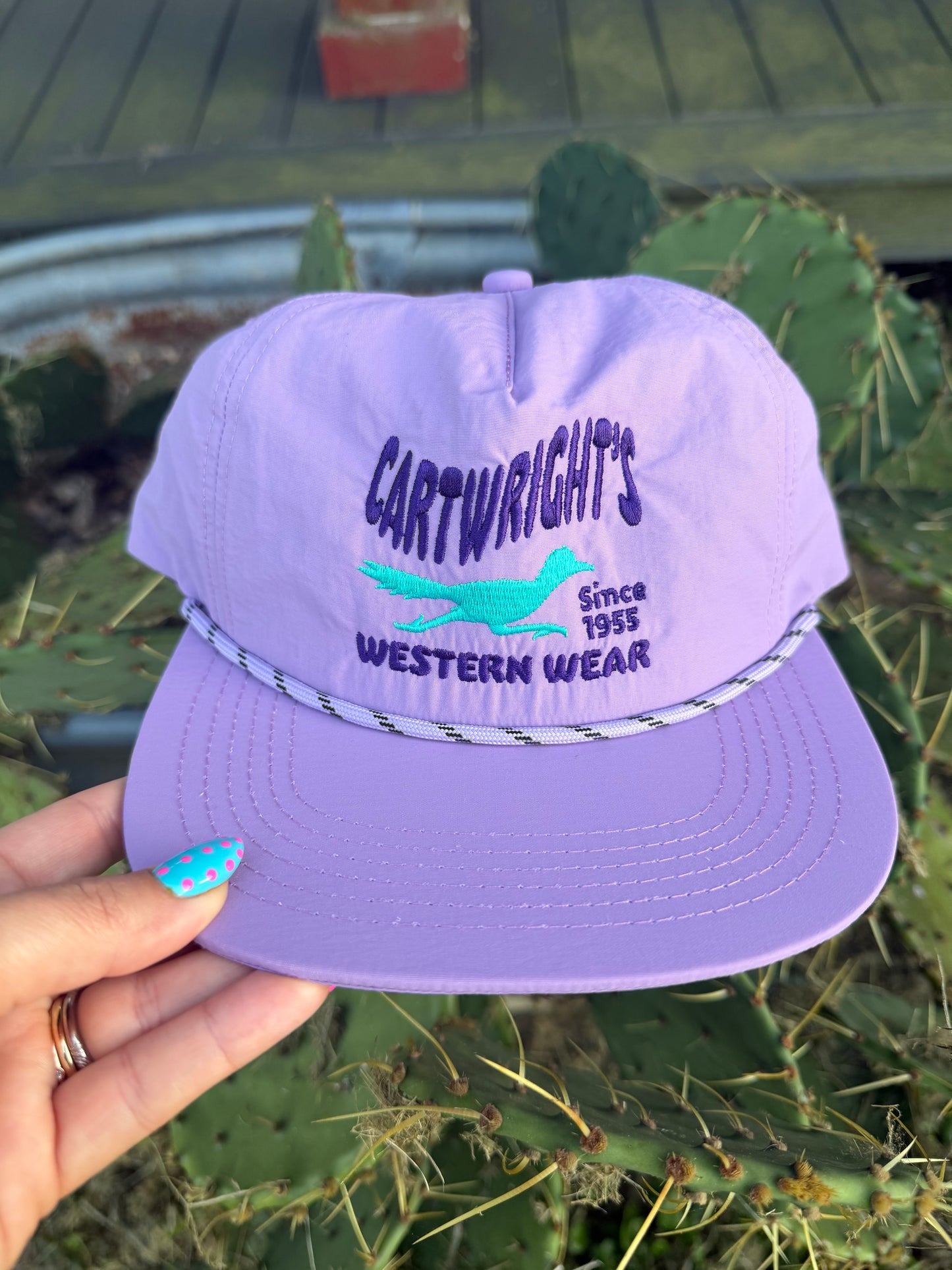 Cartwright’s roadrunner purple + turquoise rope hat