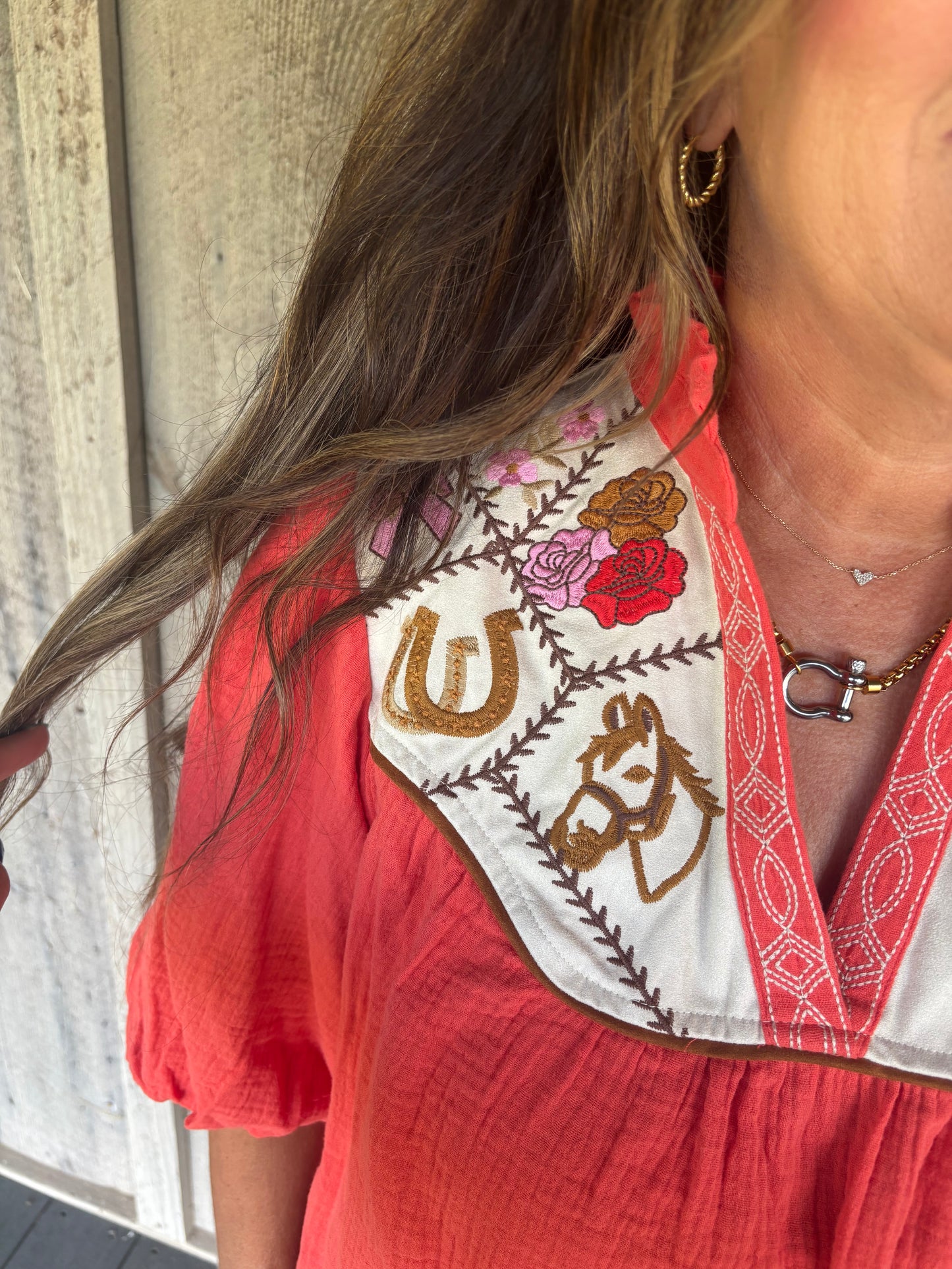 Embroidered Western Orange Top