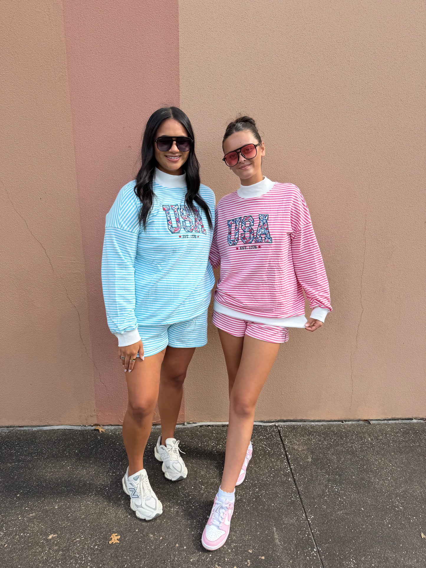 USA Mockneck Stripe Set-Pink & Blue