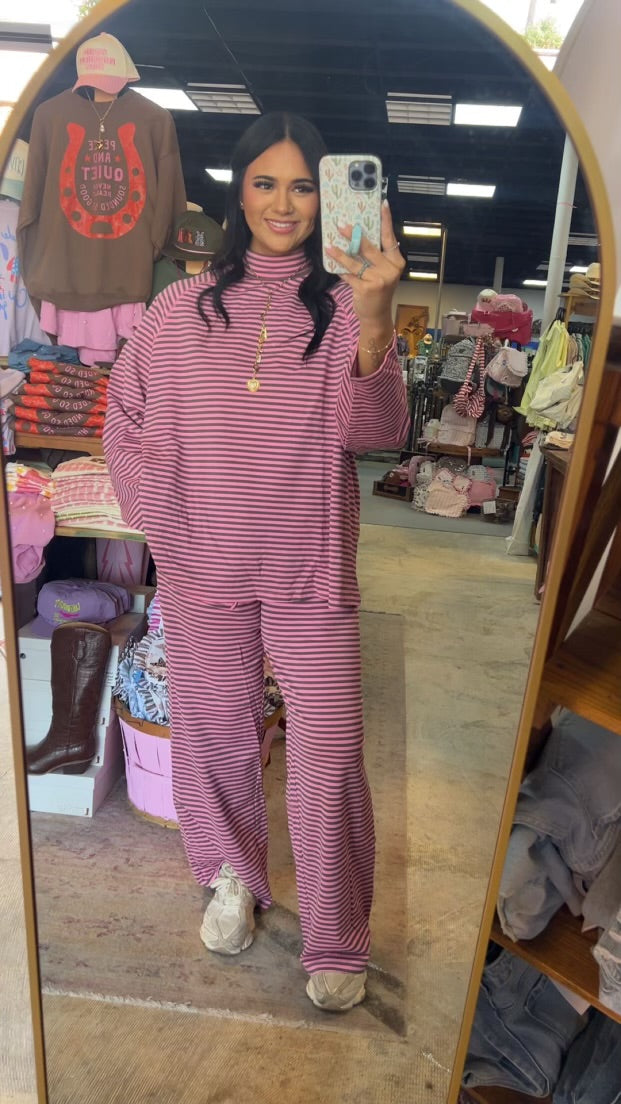 Pink + Brown Stripe Mockneck Pant Set🩷🤎