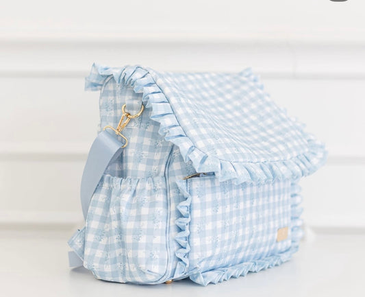 Hollis Ruffled Nylon Diaper Bag-Baby Blue Gingham