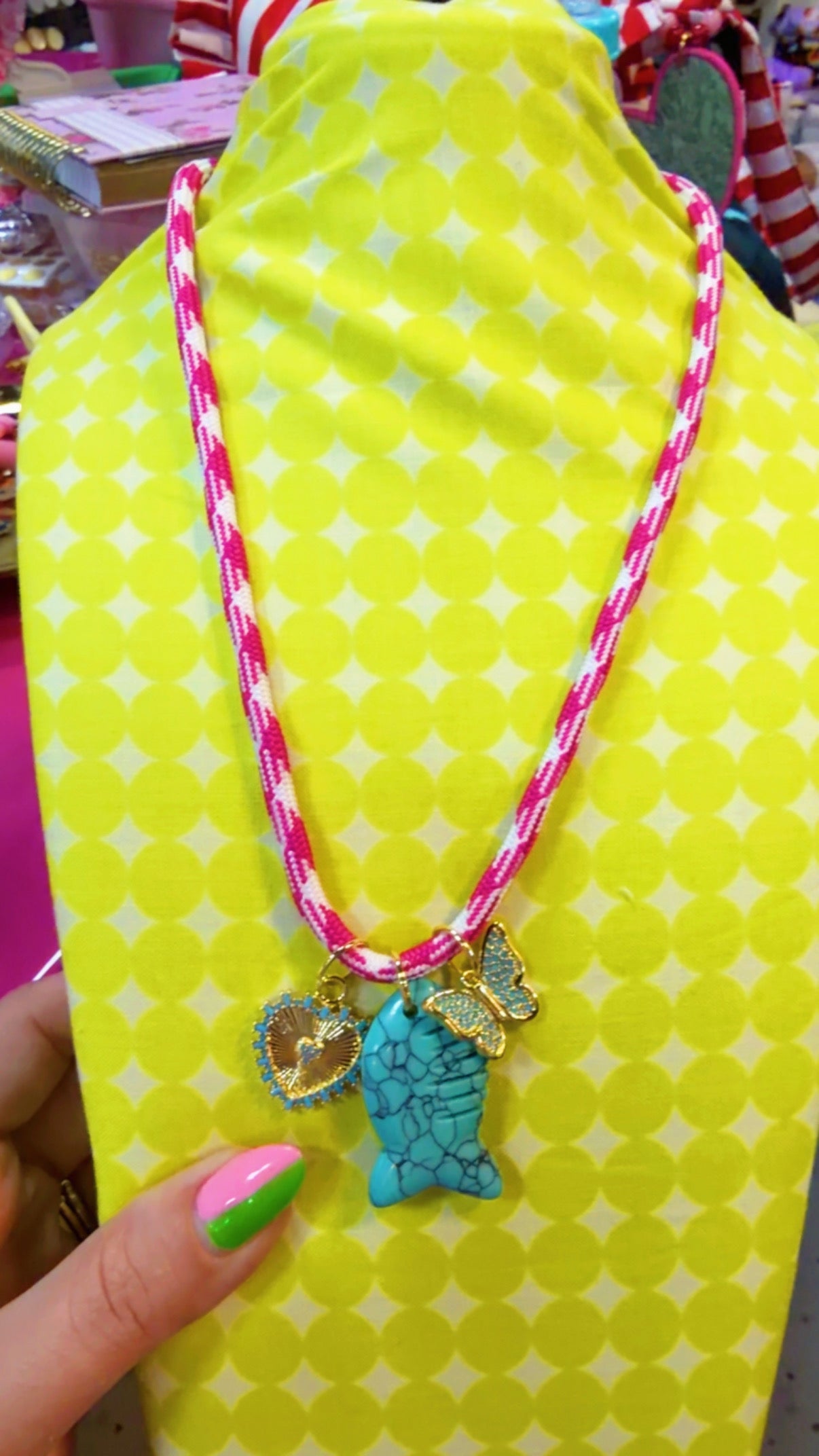 Moore Jewlz Hot Pink & White Cord Turquoise Fish Necklace