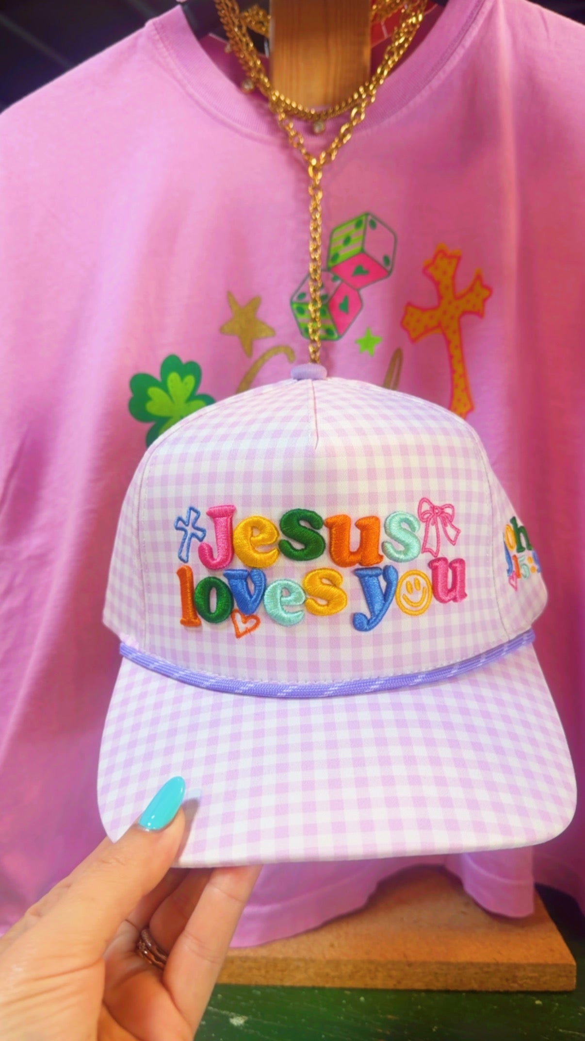Jesus Loves You gingham Trucker Hat