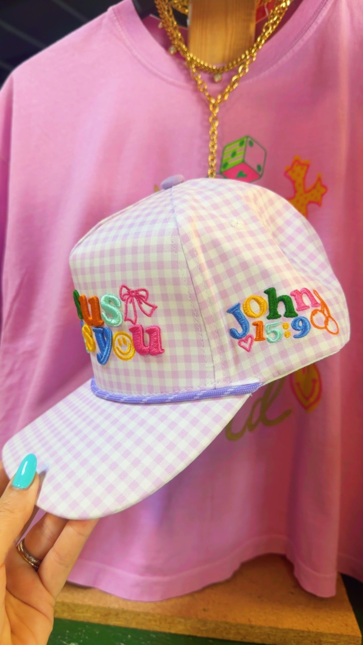 Jesus Loves You gingham Trucker Hat