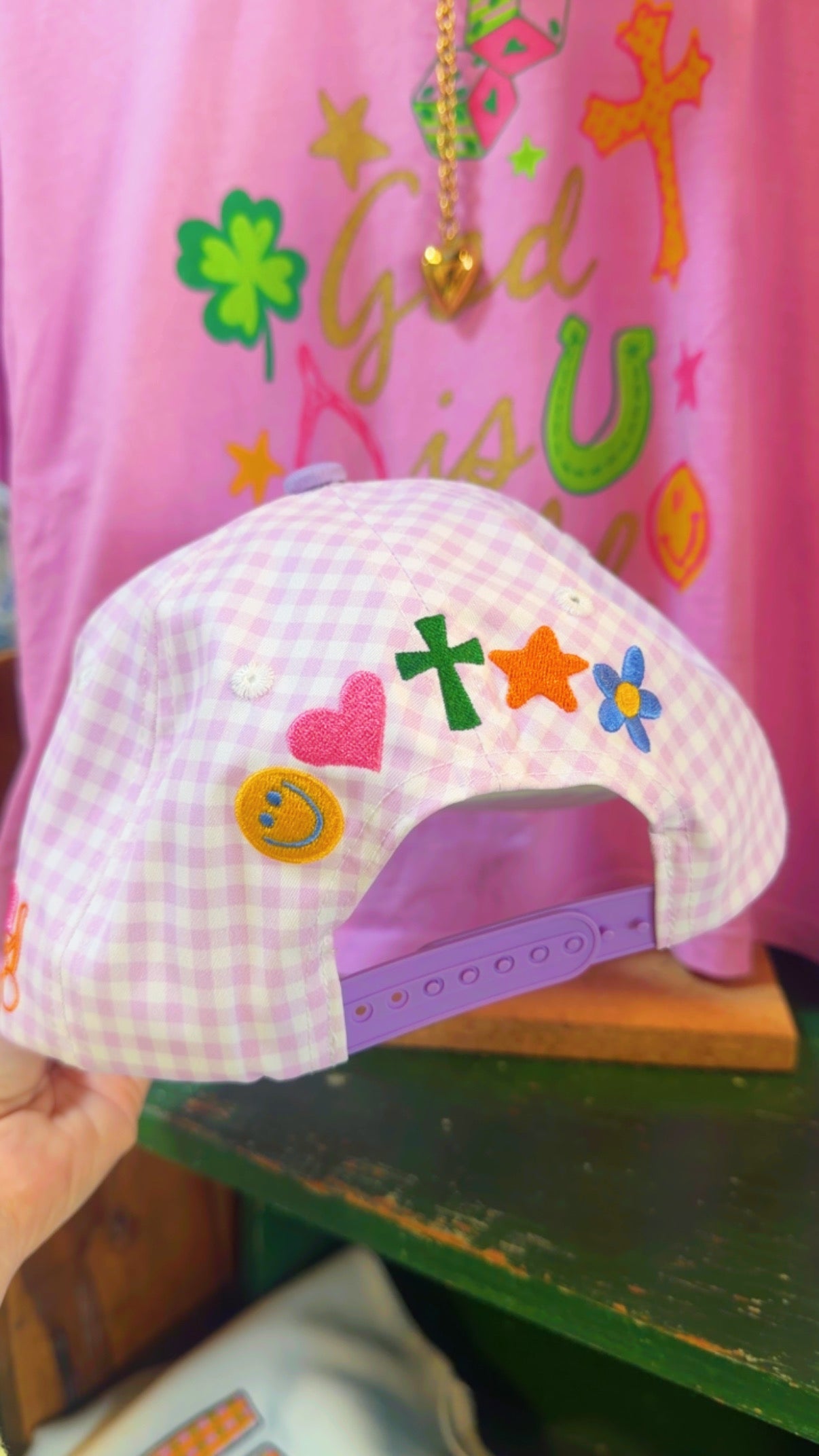 Jesus Loves You gingham Trucker Hat
