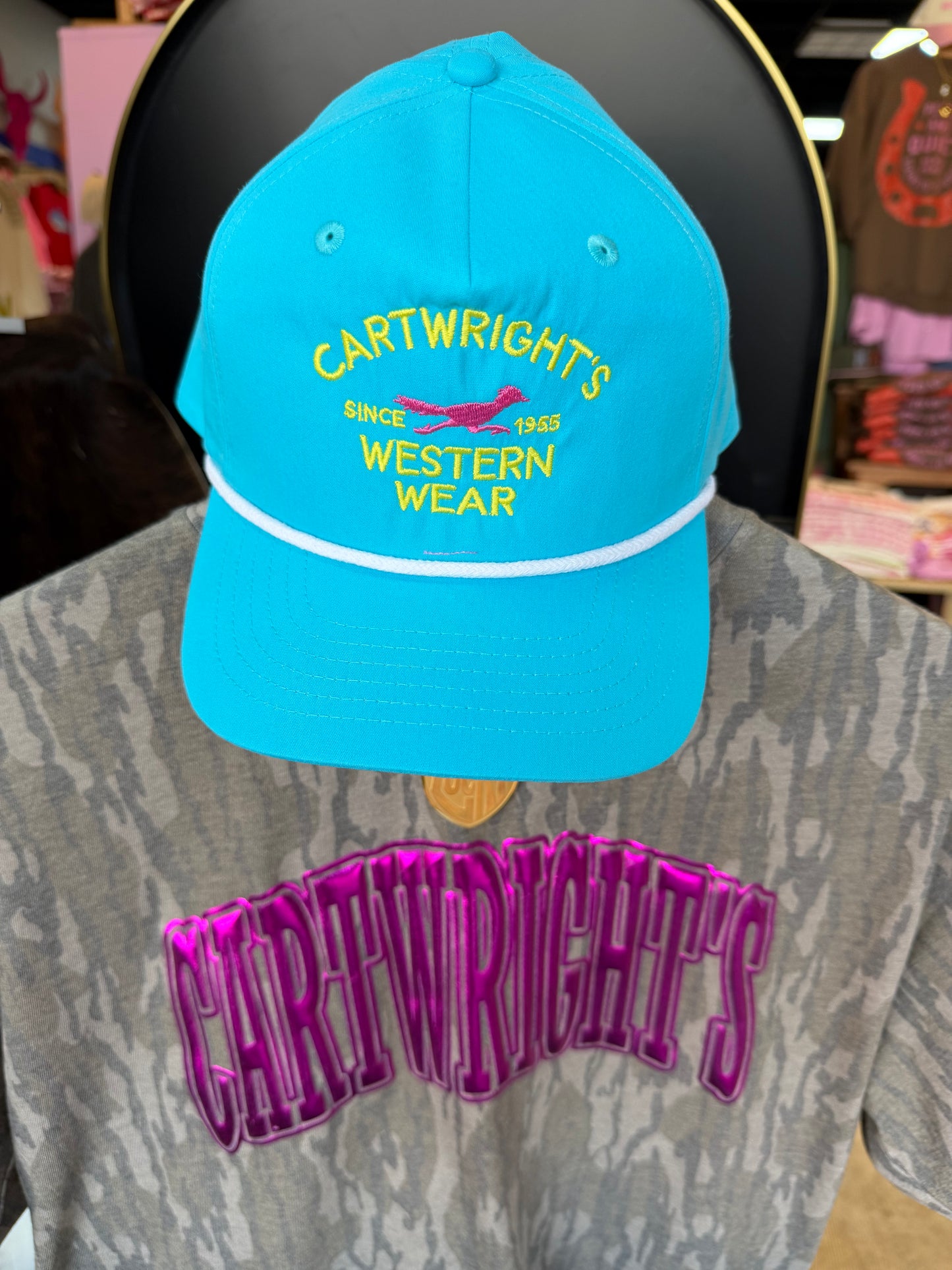 Cartwright’s Roadrunner turquoise, pink & yellow rope cap🩵🩷💛