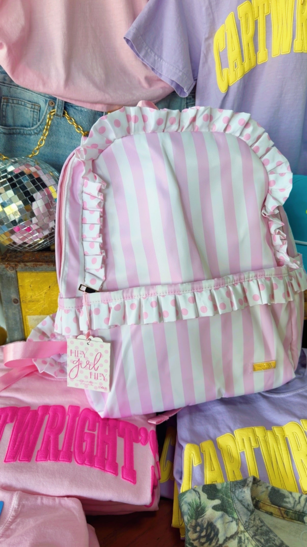 Hollis Pink Polka Dot + Stripe Backpack🎀🩷🤍🩷