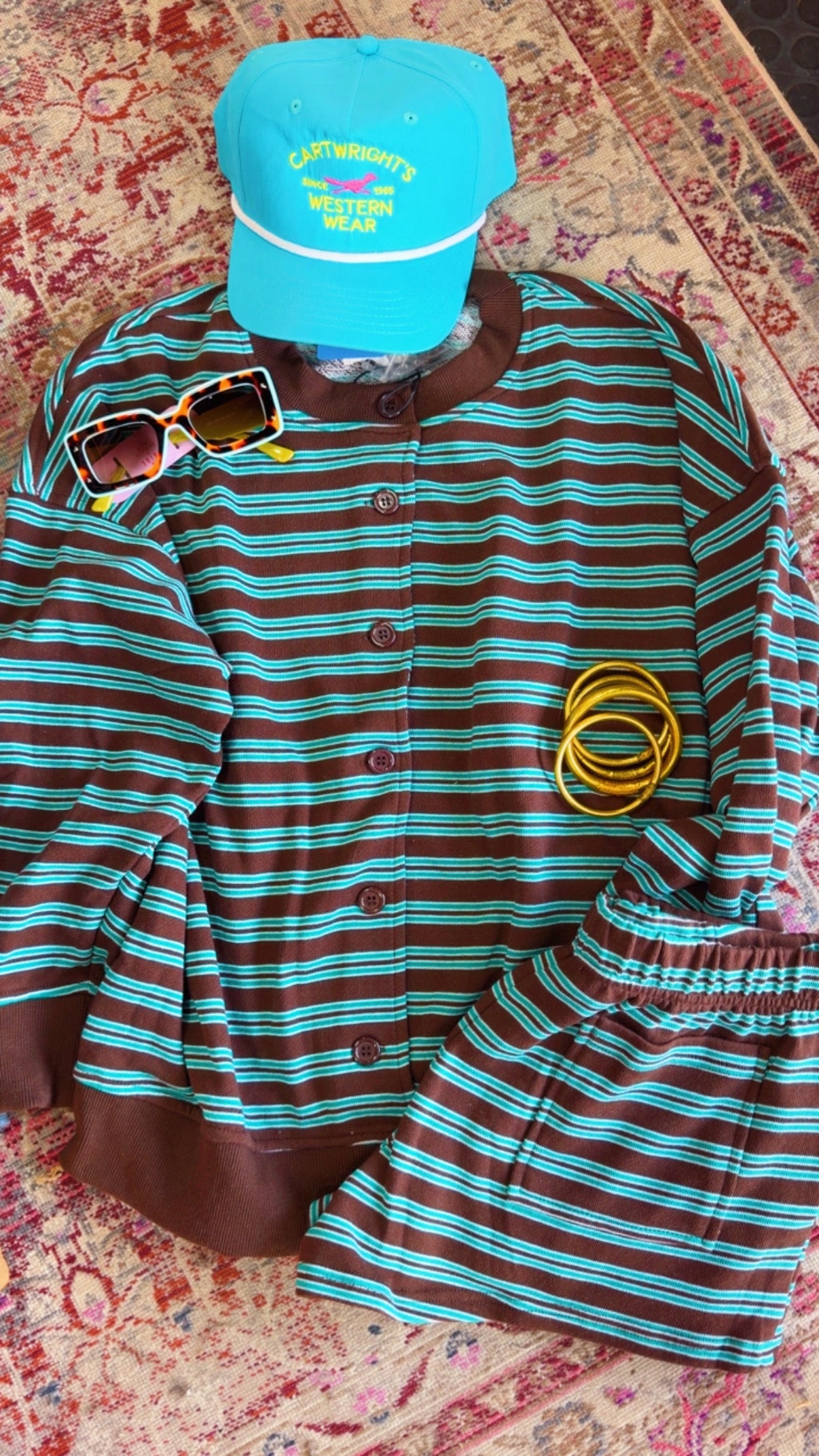 Brown + Turquoise Stripe Mini Short Set😍🩵🤎