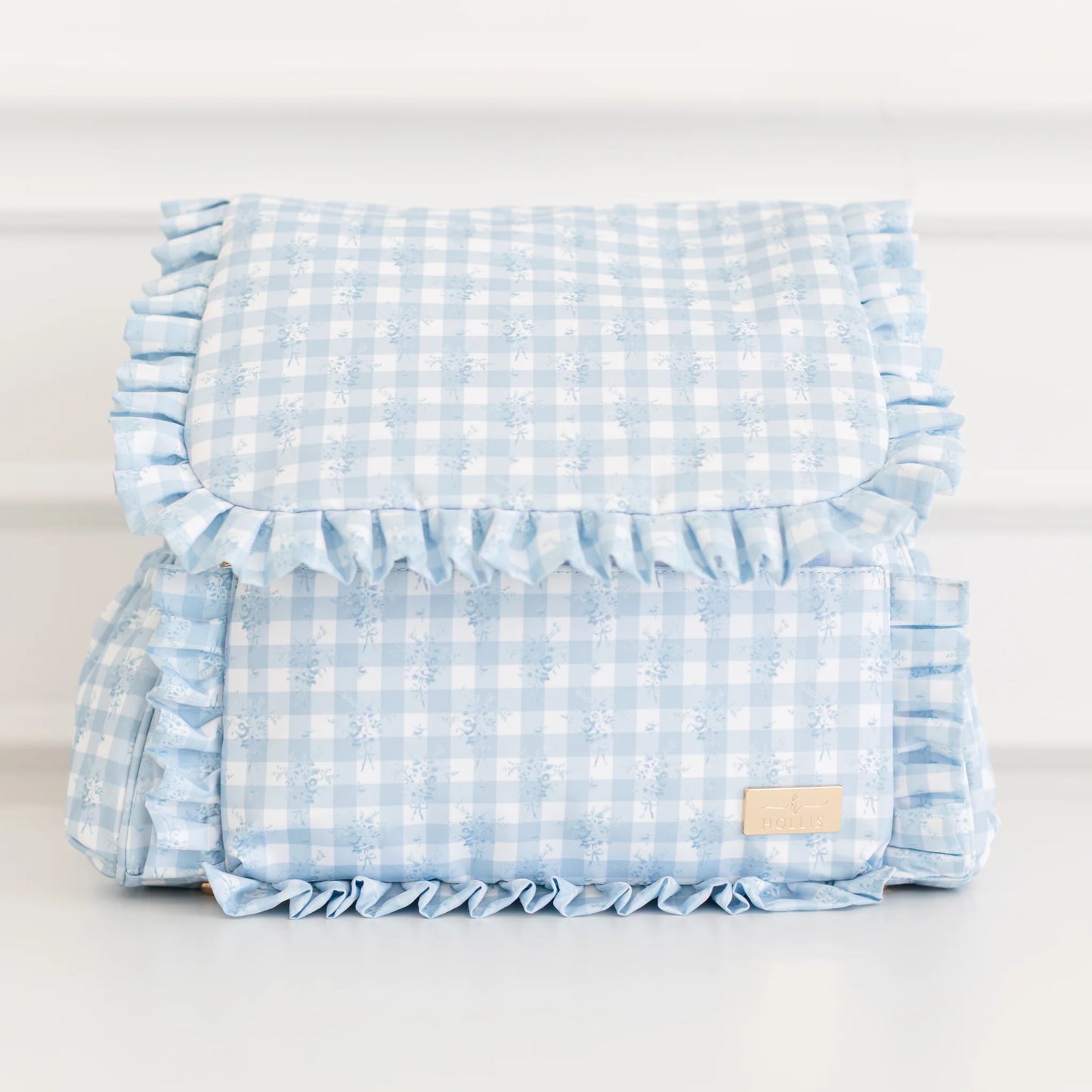 Hollis Ruffled Nylon Diaper Bag-Baby Blue Gingham