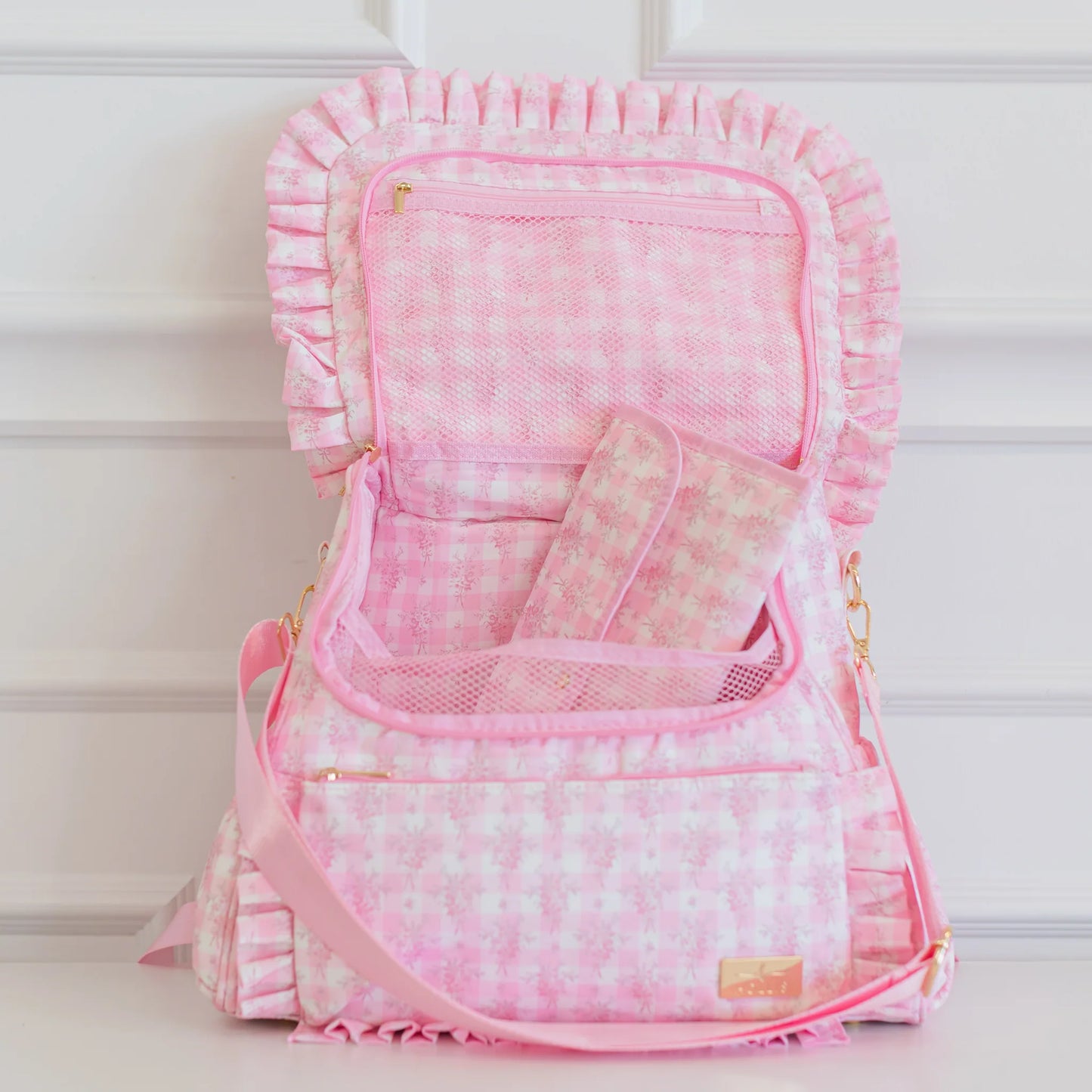 Hollis Ruffled Nylon Diaper Bag-Baby Blue Gingham