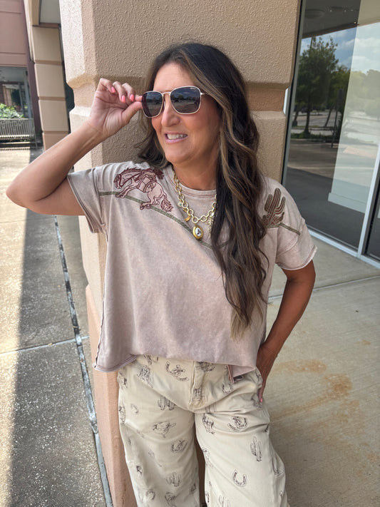 Tan Embroidered Bronc & Cactus Tee