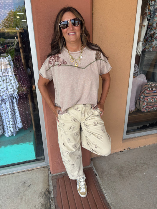 Tan Embroidered Bronc & Cactus Tee